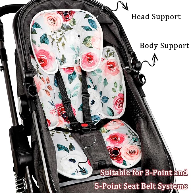 2 in 1 Infant Car Seat Insert, Car Seat Head Support Baby Girls Boys, Soft Newborn Carseat Insert Cushion, Perfect for Carseats, Strollers, Swings (Rose Flower)