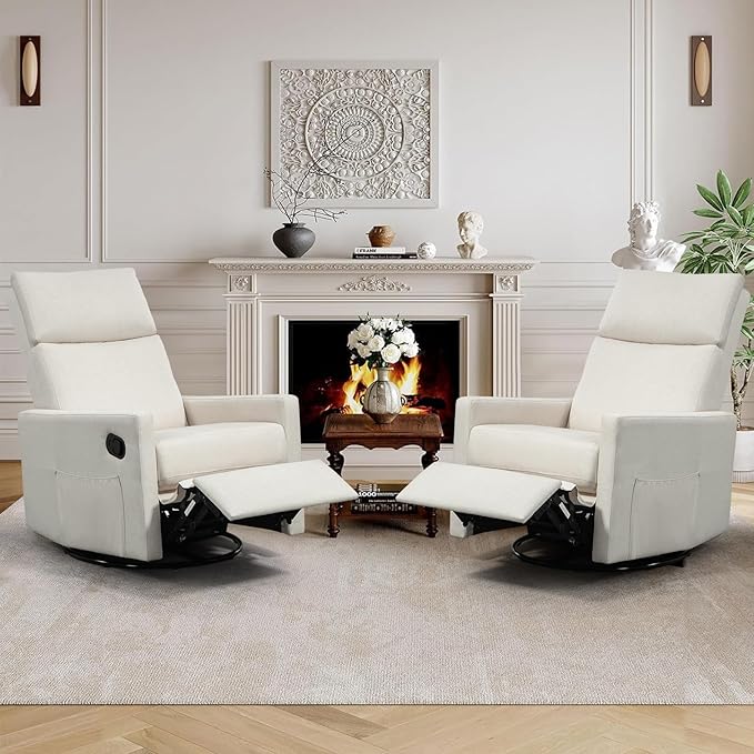 Swivel Rocker Recliner Chair, Upholstered Fabric Nursery Rocking Glider Chair with Adjustable Backrest and Footrest, Lay Flat Recliner Single Lazy Sofa for Living Room(Beige)