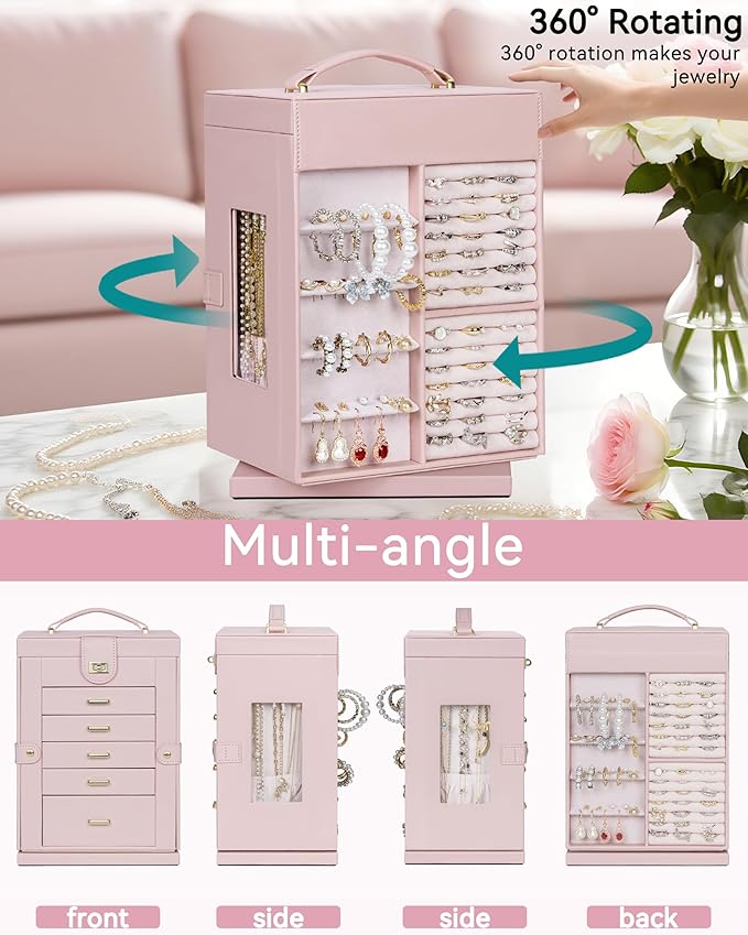 AKOZLIN 360° Rotating Jewelry Box 6-Tier Organizer Functional Jewelry Storage Case for Women Girls Ring Necklace Earring Bracelet Holder with Mirror Pink