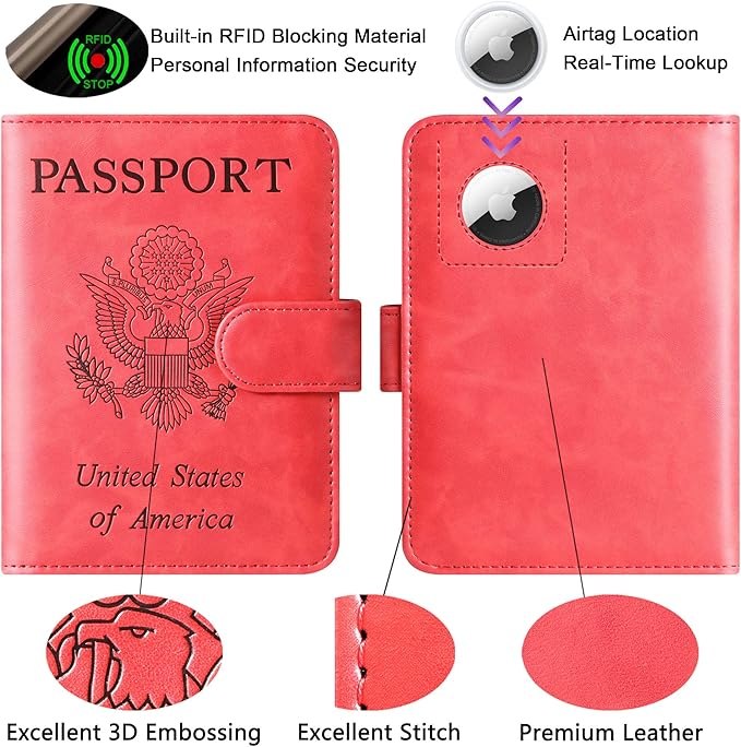 Airtag Passport Holder Cover Wallet Travel Essentials Leather Rfid Blocking Case Vacation Luggage Must Haves Travel Accessories for Men Women (117#Red)