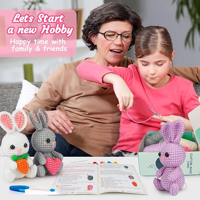 ekaus Crochet Kit for Beginners, Crochet Kit with Step-by-Step Video Tutorials, Crochet DIY Knitting Supplies for Adults Kids, Crochet Rabbits(45%+ Yarn)