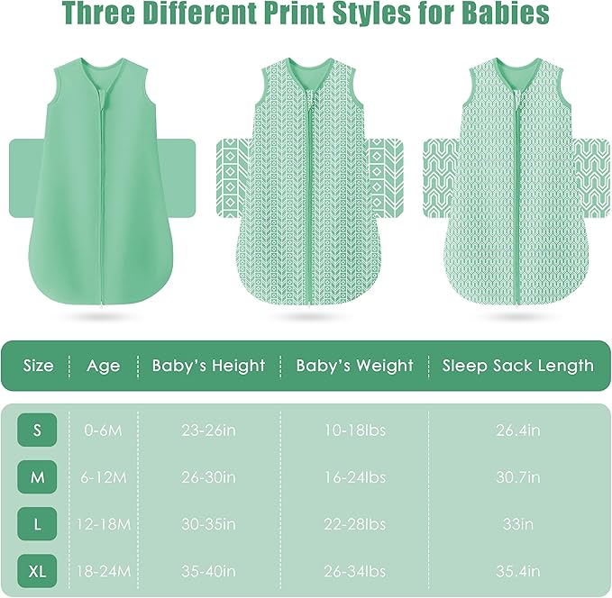 SWEET DOLPHIN Baby Sleep Sack 0-6 Months - 100% Cotton 2-Way Zipper TOG 0.5 Infant Wearable Blanket, Newborn Essentials Toddler 3 Pack Sleeping Sacks - Green