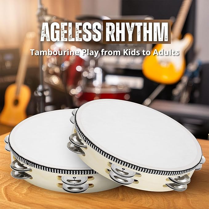 Flexzion Wood Handheld Tambourine for Kids (2 Pack) 8 Inch Double Row 12 Pair Jingles, Hand Held Percussion Drum Moon Musical Instrument with Metal Bell
