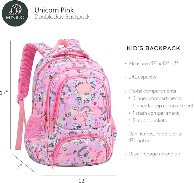 Elementary School Backpack for Girls | Doubleday Collection | 17" Unicon Pink Design | Tailored for Young Teens