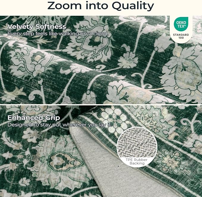 6x9 Area Rug for Living Room & Bedroom, Washable Non-Slip Floral Rugs, Soft Vintage Carpet, Low Pile Wool Carpets for Indoor Dining Home Office Playroom Under Table, Modern Decor, Dark Green