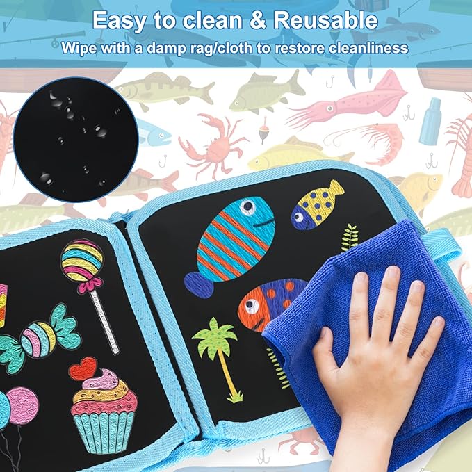 Erasable Doodle Set for Kids - Reusable Magic Drawing Book with 12 Watercolor Pens 14 Page Drawing, Road Trip Car Game Writing Painting Set for Boys and Girls (Fish)