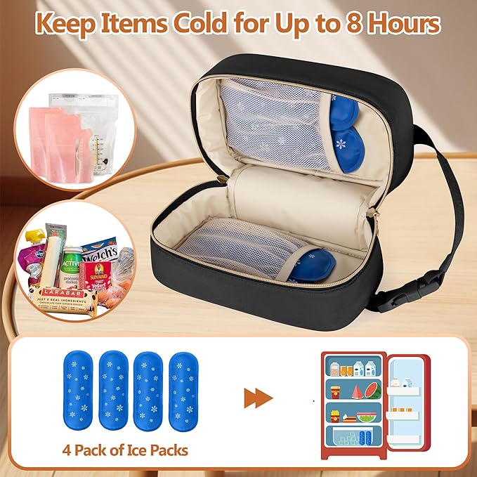 Damero Breastmilk Cooler Bag with 4 Ice Packs -Breastmilk Cooler Travel Bag Organizer with Detachable Buckle Handle for Daycare and Breastfeeding Mom,Black