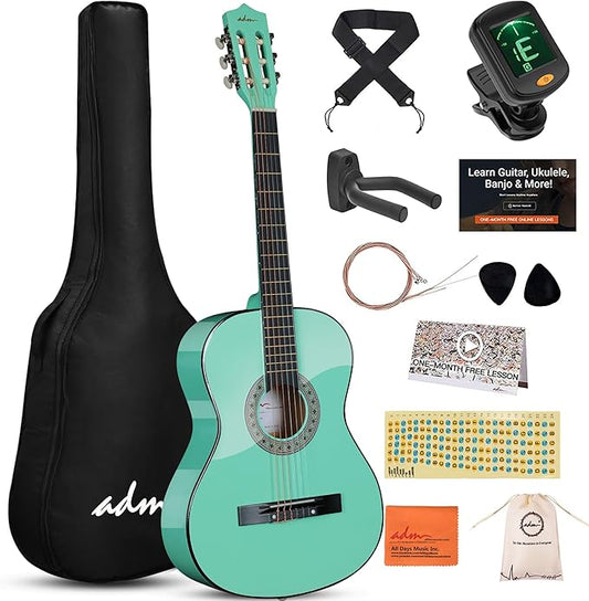 ADM Beginner Acoustic Classical Guitar 38 Inch Nylon Strings Wooden Guitar Bundle Kit for Kid Boy Girl Student Youth Guitarra Online Lessons with Gig Bag, Strap, Tuner, Strings, Cyan Green