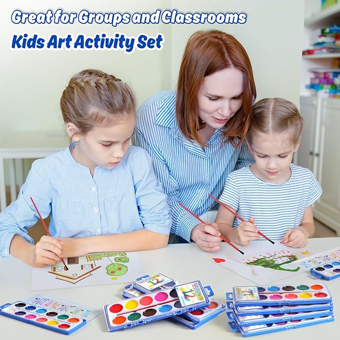 24 Packs Watercolor Paint Set Bulk, 12 Vibrant Colors Washable Watercolors with Brushes for Kids, Art Activities Painting Supplies for School Classroom Home
