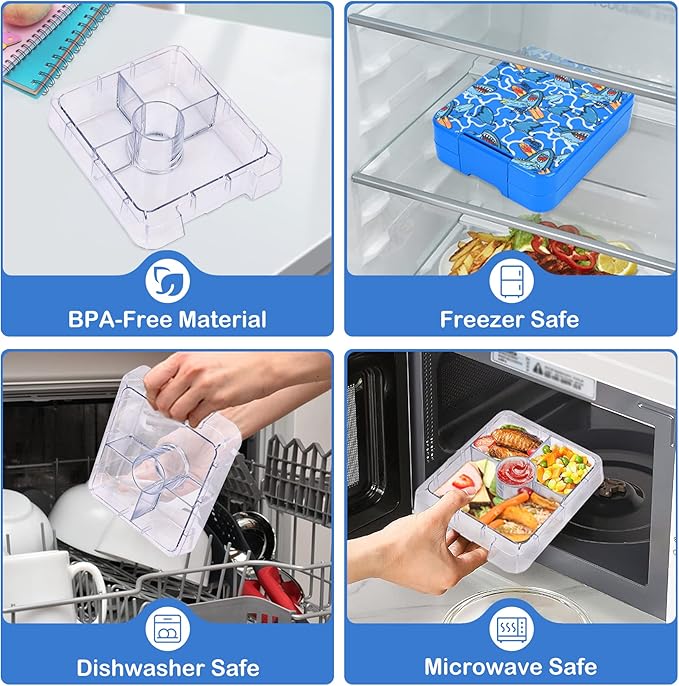 Bento Lunch Box Set With 10oz Soup Thermo, Leak-proof Lunch Containers with 4 Compartment, Kids Hot Thermo Food Jar/Insulation Lunch Bag, Food Containers for School（Shark）