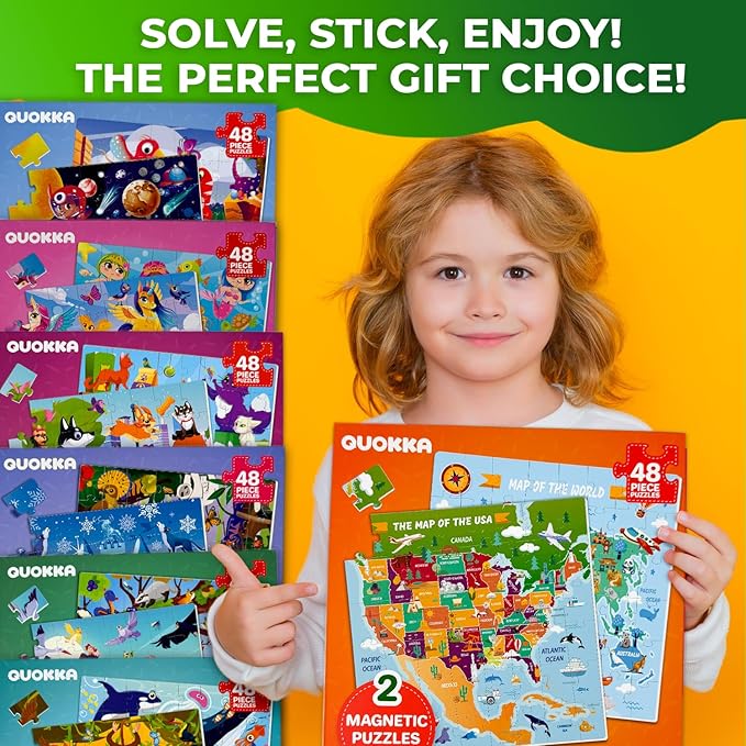 QUOKKA Magnetic Puzzles for Toddlers 4-6 - 2x48 Travel Puzzles Games for Kids Ages 3-5 - USA & World Maps Car Activities Toy for Boys and Girls - United States Learning Magnet for Road Trip