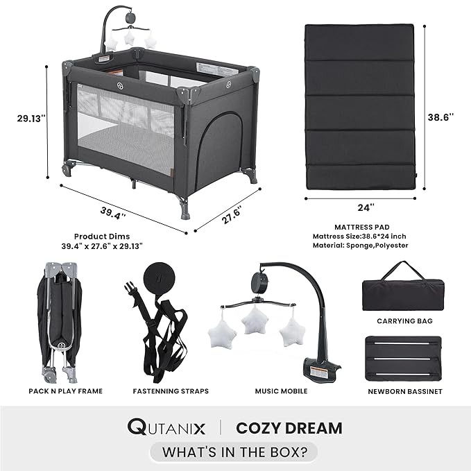 2-in-1 Pack and Play with Mattress,Baby Bassinet Bedside Sleeper, Bedside Bassinet & Baby Playpen, Easy Folding Portable Crib for Newborn to Toddlers (Dark Grey)