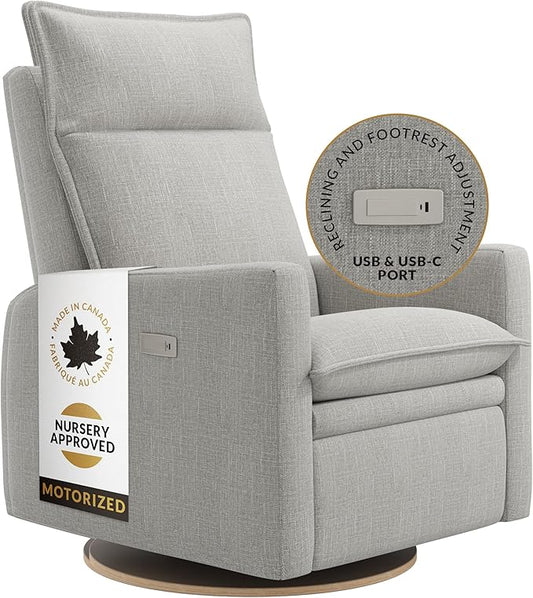 Arya Modern Nursery Chair Glider Recliner with 180° Swivel - Cozy Motorized Reclining Nursing Chair with USB Ports, Gentle Motion, Ergonomic Design, Canadian-Made (Silver Grey/Nubia Fabric)