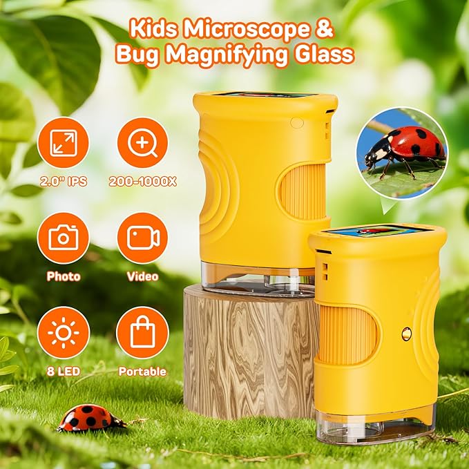 1000X Handheld Digital Microscope for Kids – 2-Inch Screen STEM Toy, Christmas Birthday Gift for Boys & Girls 5-10 Years, Portable Magnification Science Lab Kit
