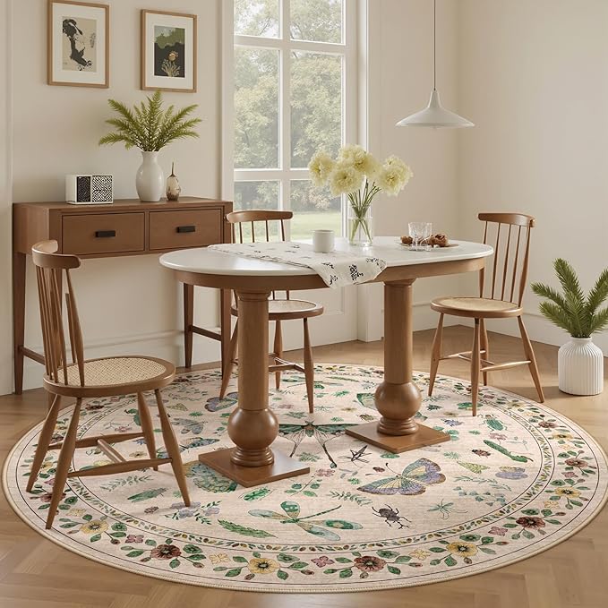 4ft Washable Round Rug - Bug Rugs for Living Room Non-Slip Low Pile Soft Ultra-Thin Machine Washable Circle Carpet for Bedroom, Entryway, Nursery, Kitchen, Home Office (4' Round Beige)