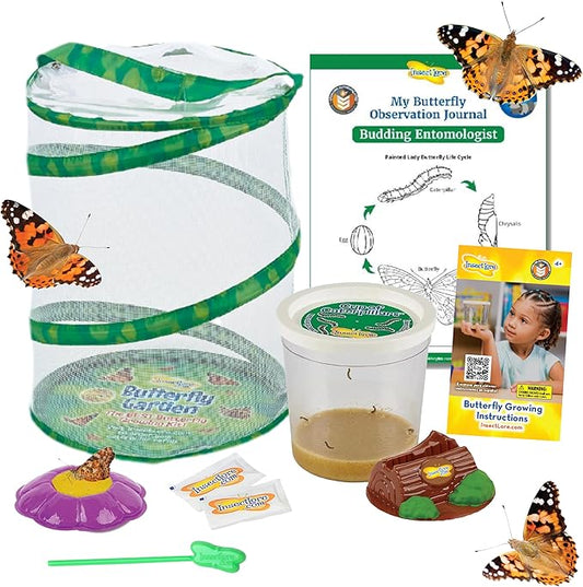 Insect Lore Butterfly Garden Kit - 5 Live Baby Caterpillars, Habitat, Feeder, Chrys-A-Lid Log, STEM Journal Included - Grow, Raise and Release Painted Lady Butterflies