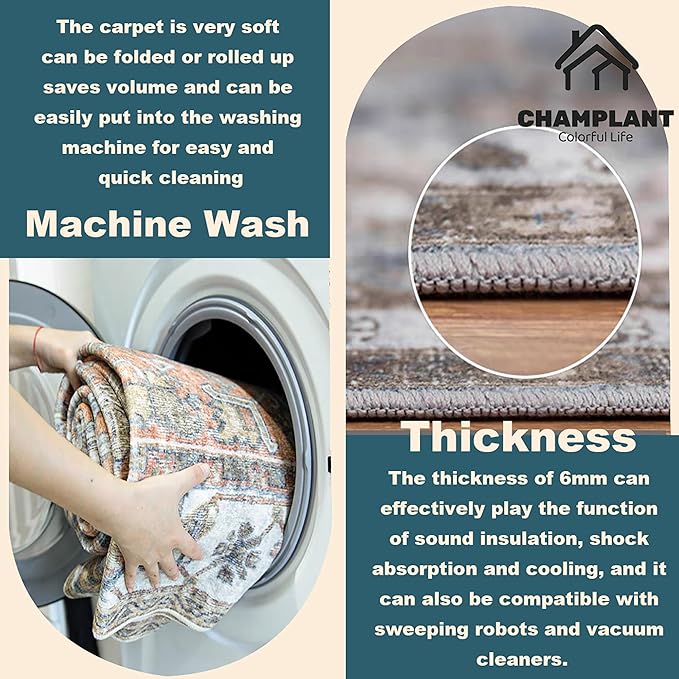 Washable Area Rug 8'x10' Deep Khaki Retro Boho Design Non-Shedding Non-Slip Easy Care Ideal for High Traffic Areas in Living Room Bedroom Office Coffee Table Kitchen Large Carpet