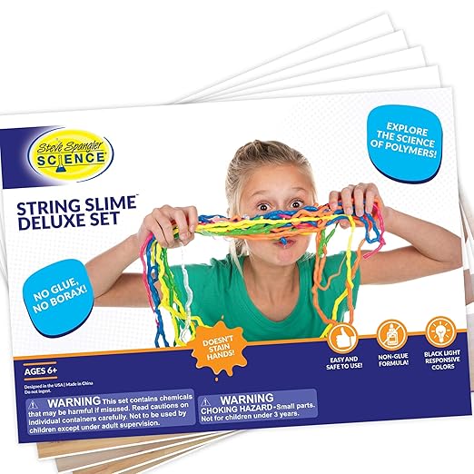 Steve Spangler Science String Slime Deluxe Kit, Includes Pink, Blue, Yellow & Clear (3.4 oz. Each) – DIY Slime Science Experiment Kit for Kids, Learn/Teach Science of Polymers, Exciting STEM Activity