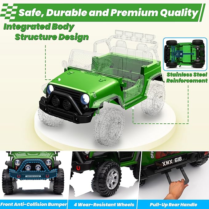 24V 4WD Ride on Truck Car w/800W Motors, Gift Flower, Remote Control, 2 Seaters, Light Bar, 3 Speeds, Pop Music, Power Four Wheels, 24 Volt Ride on Toy Car for Big Kids, Green