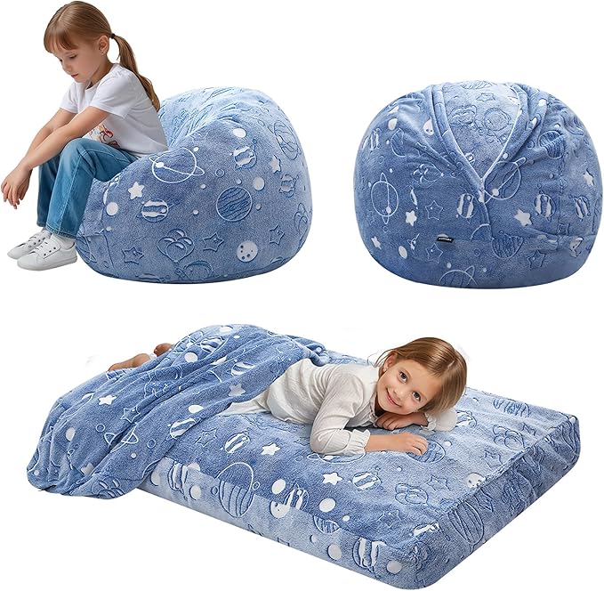 COMAX Kids Bean Bag Chair Turn into Beanbag Bed, Unicorn Toddler Bean Chair for Girl Boy Sleeping, Lazy Children Sofa Couch with Filler, Convertible Child Floor Mattress, Glowing Space