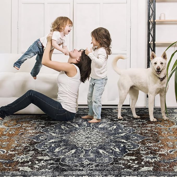 9x12 Area Rug Living Room Rugs, Stain Resistant Washable Rug, Vintage Large Non-Slip Backing, Low Pile Lightweight Print Rug for Bedroom Dinning Room Home Office (Tan/Gray)