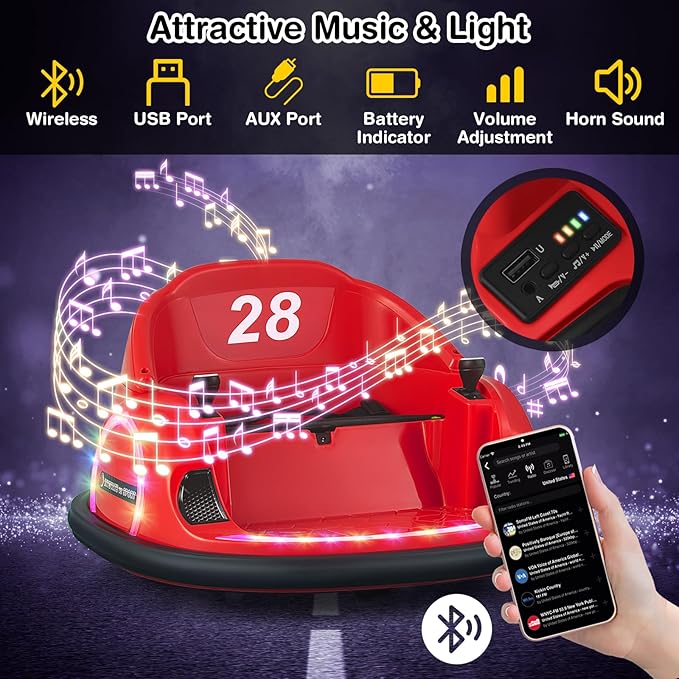 GLACER 12V Bumper Car, Electric Kids Bumper Car w/Parental Remote, 3-Speed, 360°Spin, Music, LED Light, Battery Ride on Bumper Car w/Dual Joysticks, Baby Bumper Car for Toddlers 18 Months+ (Red)