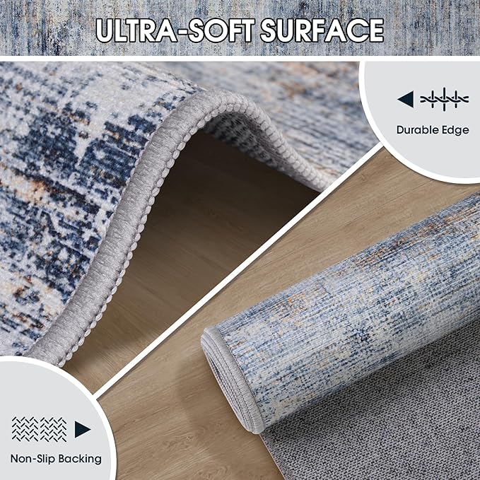 Runner Rug 2'6''x8' Kitchen Runner Rug: Modern Abstract Washable Area Rug with Non-Slip Backing, Thin Long Carpet Runner for Hallway, Bedroom, Laundry Room-Blue/Brown