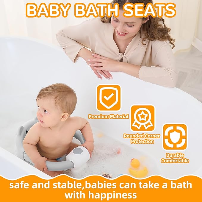 Baby Bath Seat for Babies 6 Months & up, Non-Slip Toddler Bath Seats for Babies Sitting Up, Safe Infant & Newborn Bathtub Chair with 4 Suction Cups & Soft Cushion for Shower,Gray
