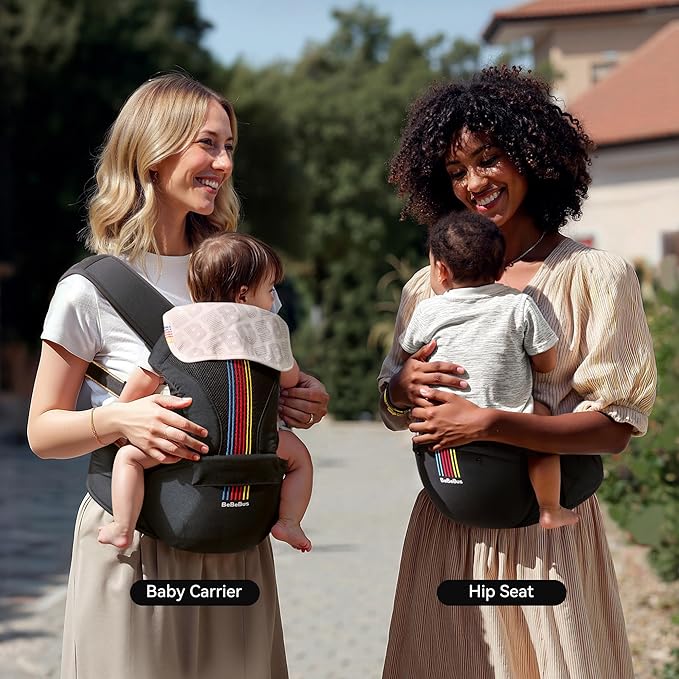 Baby Carrier with Hip Seat, BeBeBus 2-in-1 Ergonomic Newborn to Toddler Carrier up to 44 lbs, Detachable Hands-Free for Infant, All Season Forward-Facing Carry, Fits Waist Sizes up to 38 inch (Black)