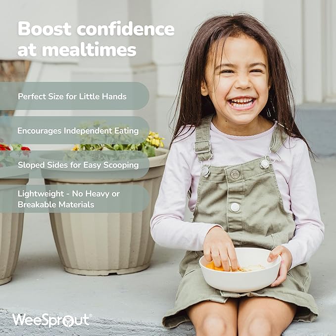 WeeSprout Bamboo Kids Bowls, Set of Four 15 oz Kid-Sized Dinnerware, Cereal, Leftovers & Snack Bowl, Dishwasher Safe (Blue, Green, Gray, & Beige)