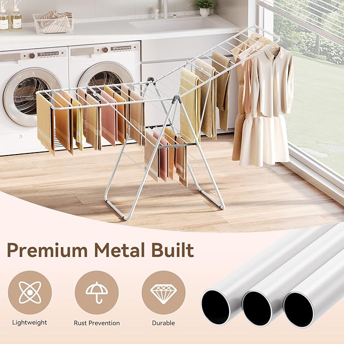 APEXCHASER Clothes Drying Rack, Foldable Drying Rack Clothing, Sturdy Metal Laundry Drying Rack, Height-Adjustable Gullwing, Easy to Fold, Space-Saving, for Indoor Outdoor, White