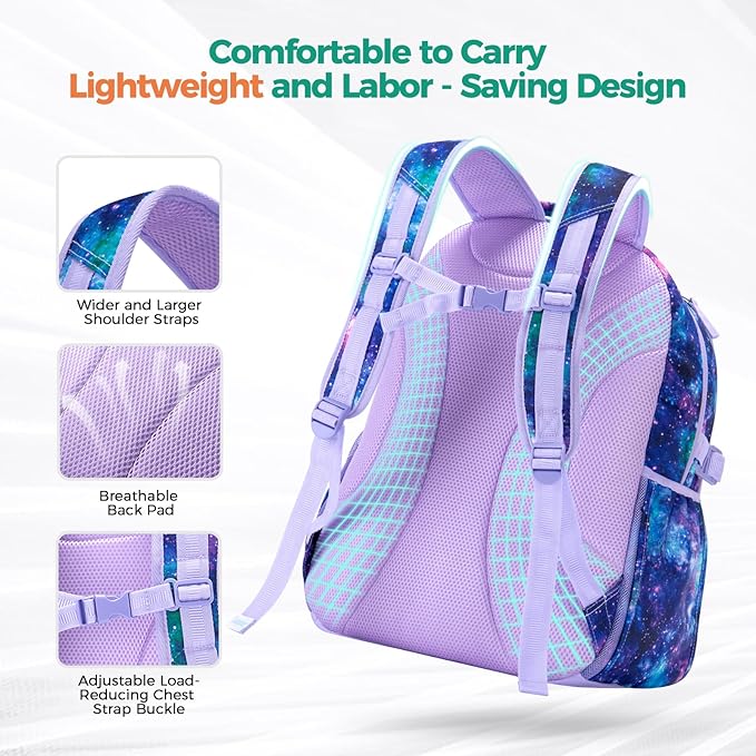 Choco Mocha Butterfly Backpack for Girls, Elementary School Backpack for Girls Ages 6-8 Kids Kindergarten Backpack Large Bookbag 18 Inch with Chest Strap, Purple