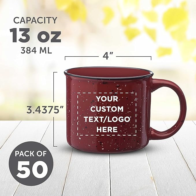 DISCOUNT PROMOS Custom Ceramic Campfire Coffee Mugs 13 oz. Set of 50, Personalized Bulk Pack - Perfect for Tea, Espresso, Cappuccino, Hot Cocoa - Maroon