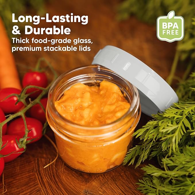 KeaBabies 6pk 4oz Glass Baby Food Containers with Lids - Leak-Proof, Microwavable Small Glass Jars, Baby Purees & Toddler Snack Storage Containers, BPA-Free, Dishwasher & Freezer Safe(Slate)