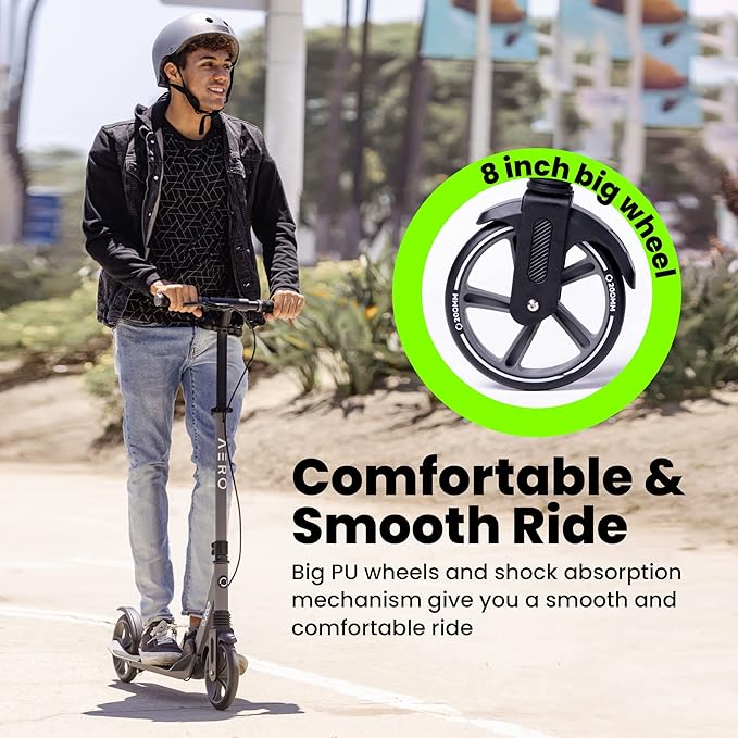 Aero Big Wheels Kick Scooter for Kids 6+, Teens & Adults | Light Up Wheels, Hand Brake, Rubber Deck Mat & Shock Absorption | Foldable & Height Adjustable