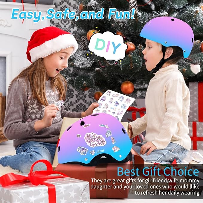 Adjustable Kids Bike Helmet with Knee & Elbow Pads Set, Color Gradient Design for Boys and Girls Aged 3-14+, for Skateboarding, Scooter, Roller & Inline Skating, Longboard