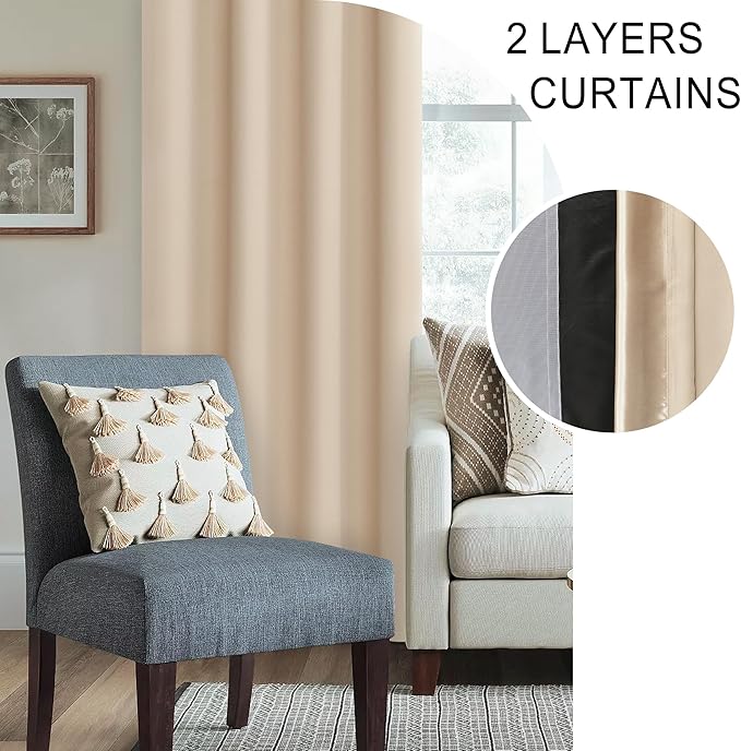 XWZO 100% Blackout Curtain Panels - Double Layer Full Room Darkening & Energy Efficiency Rod Pocket Window Panels with Tiebacks for Bedroom/Living Room, Biscotti Beige, W52 x L45, Set of 2