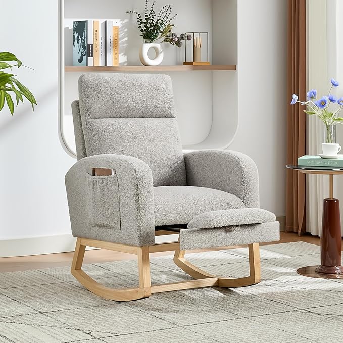 Rocking Chair Nursery, Nursing Rocking Chairs with Foot Rest for Mom Nursery, Rocker Glider Chair with High Backrest for Living Room, Bedroom, Upholstered Lounge Chair with Solid Wood Base for Relaxin