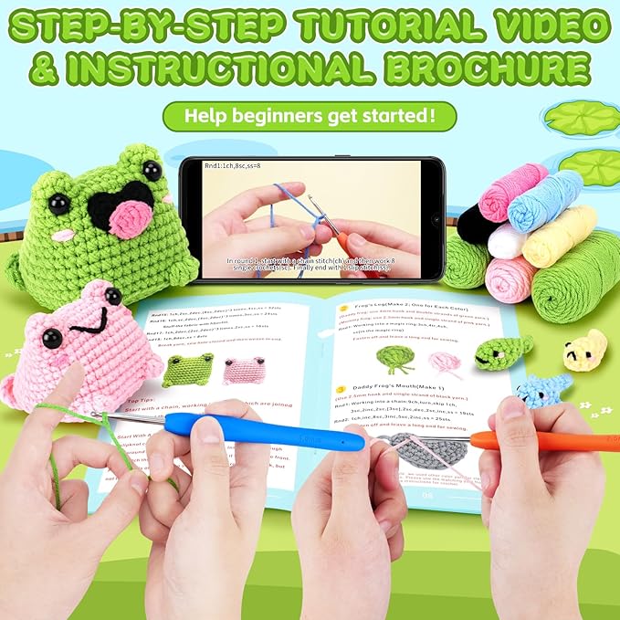 Crochet Kit for Beginners - Frog Family Crochet Kits with Step-by-Step Video Tutorials, Beginner Crochet Kit for Adults and Kids, 2 PCS Frogs and 3 PCS Tadpoles Crocheting Set
