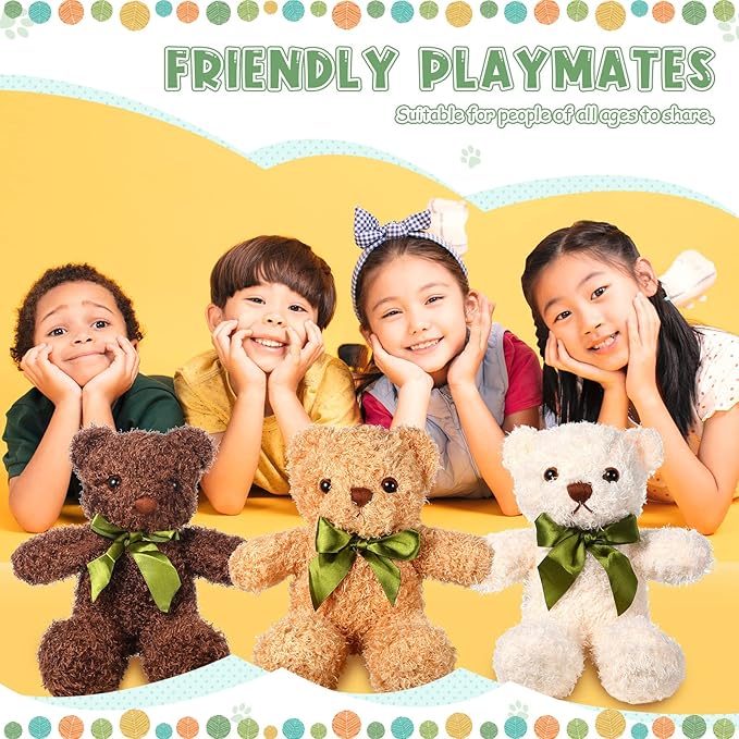 HyDren 12 Pack Bear Stuffed Animals 10 Inch Operation Christmas Bulk Items Small Bear Party Favors Plush Toys for Baby Shower Centerpiece Christmas Birthday Gifts(White, Light Brown, Dark Brown)