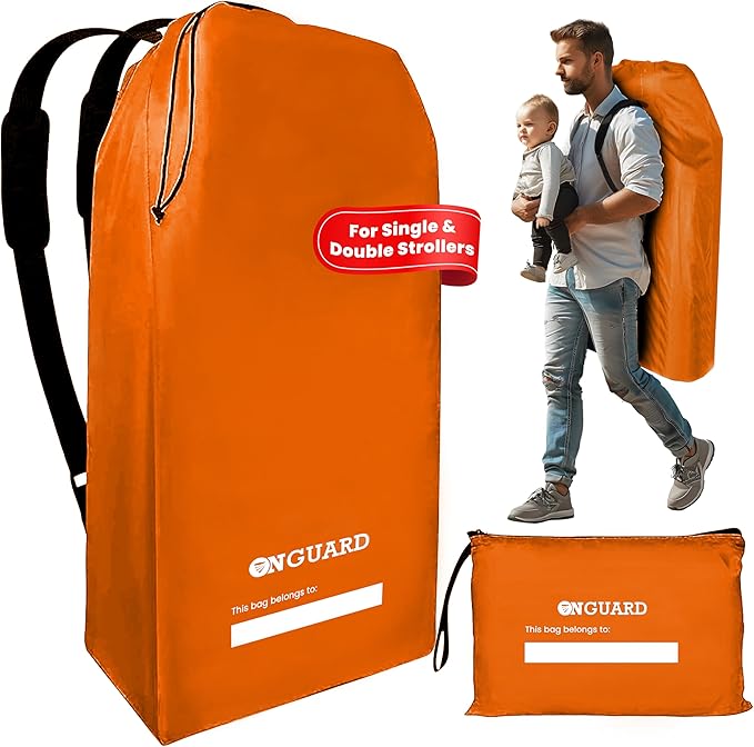 ONGUARD Waterproof Single and Double Stroller Bag for Airplane - Travel Stroller Cover for Air Travel and Storage - Gate Check Bag Backpack- Baby Airplane Essentials - Orange
