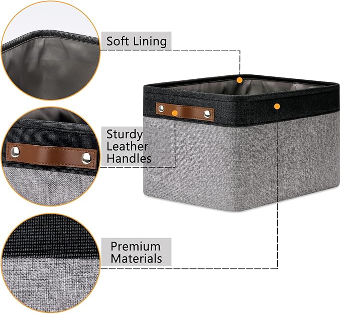 DULLEMELO Canvas Storage Bin with Handles, Fabric Bins for Shelves, Bedroom, Office,Nursery,Fabric Storage Baskets for Toys, Clothes,Gift(Black&Grey,15"x11"x9.5",4-Pack)