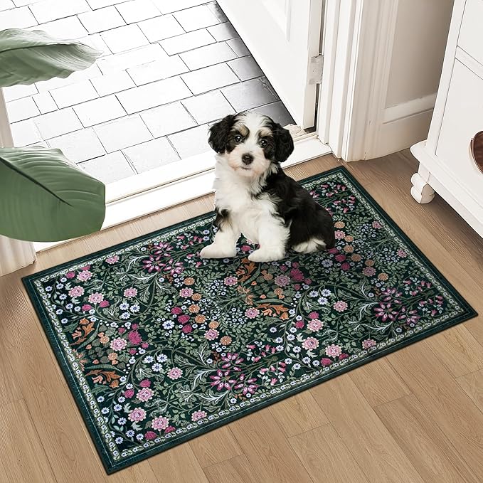 Entryway Rug 2X3 Small Rugs: Floral Washable Door Mat Vintage Soft Low Pile Non-Slip Kitchen Rugs Stain Resistant Indoor Throw Rug for Entrance, Bedroom, Kitchen, Laundry, Bathroom Dark Green