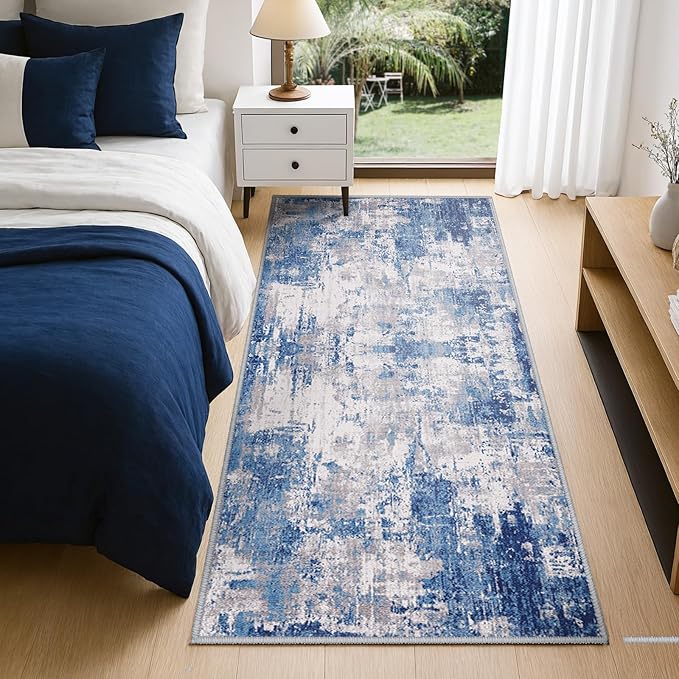 Washable Area Rugs 2'x10' Non-Slip Modern Abstract Soft for Living Room Entryway Bedroom Nursery, Print Pattern, Blue Grey Navy Gray
