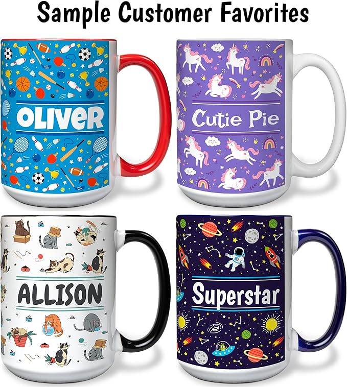Personalized Mug for Kids - Nautical - Custom Name/Text, Ceramic Hot Chocolate/Cocoa/Coffee Cup for Boys/Girls, Birthday/Christmas/Holiday Gift - 15 oz, White Handle