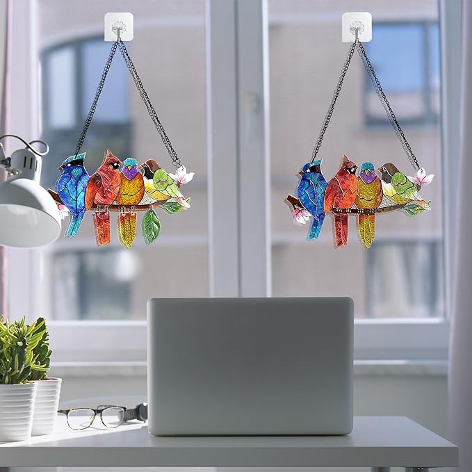 2 Pack Stained Glass Window Hanging - Hummingbird Decorations Suncatcher Hand-Painted Double Sided Birds on A Branch Sun Catcher for Window Home Decor Gifts for Mom,Bird Lovers