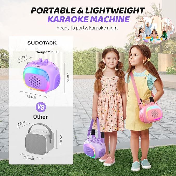 SUDOTACK Mini Karaoke Machine for Kids, Portable Bluetooth Karaoke Speaker with 2 Wilreless Microphones with LED Lights, Birthday Kids Toys Gifts for Girls 4, 5, 6, 7, 8, 9, 10 +Year Old-Purple(KM100)