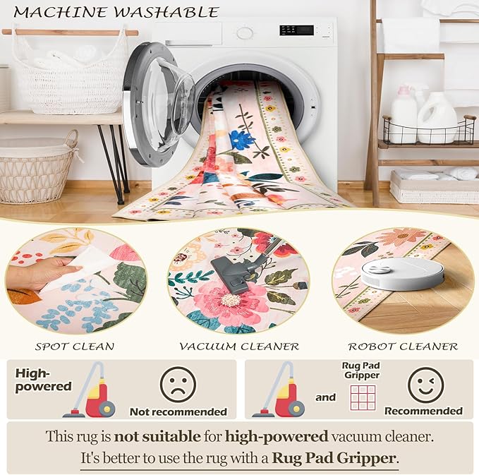 Floral 2x8 Area Rug Machine Washable Soft Print Boho Carpet Non Slip Doormat Low Pile Flower Area Rugs for Living Room Bedroom Nursery Kitchen Dining Room Indoor-Pink