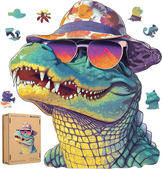 Cool Wooden Puzzle for Adults 500 Piece, Glasses Crocodile Wooden Jigsaw Puzzles, Beautiful Wooden Puzzle with Box Birthday Gifts for Adults and Kids Family Game(16 * 17.6in)