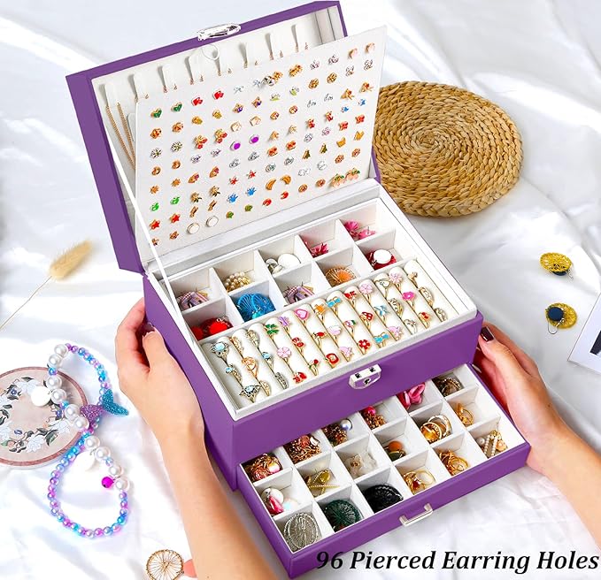 Earrings Jewelry Box for Girls, 5 Layers Jewelry Organizer with Earring Holder Organizer for Girls Earring Organizer Jewelry Boxes for Women Earrings and Necklaces Jewelry Box Organizer Purple
